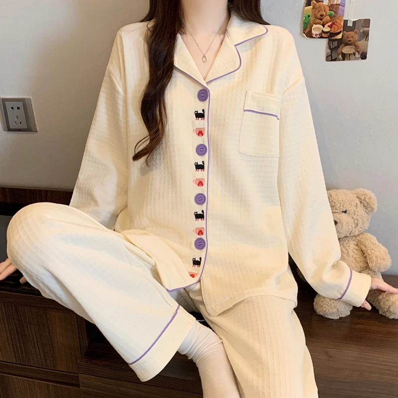 

2PCS/Set Women Fashion Long-Sleeved Pajamas Autumn Winter Embroidery Cute Soft Women's Pajamas Set Casual Korean New Homewear