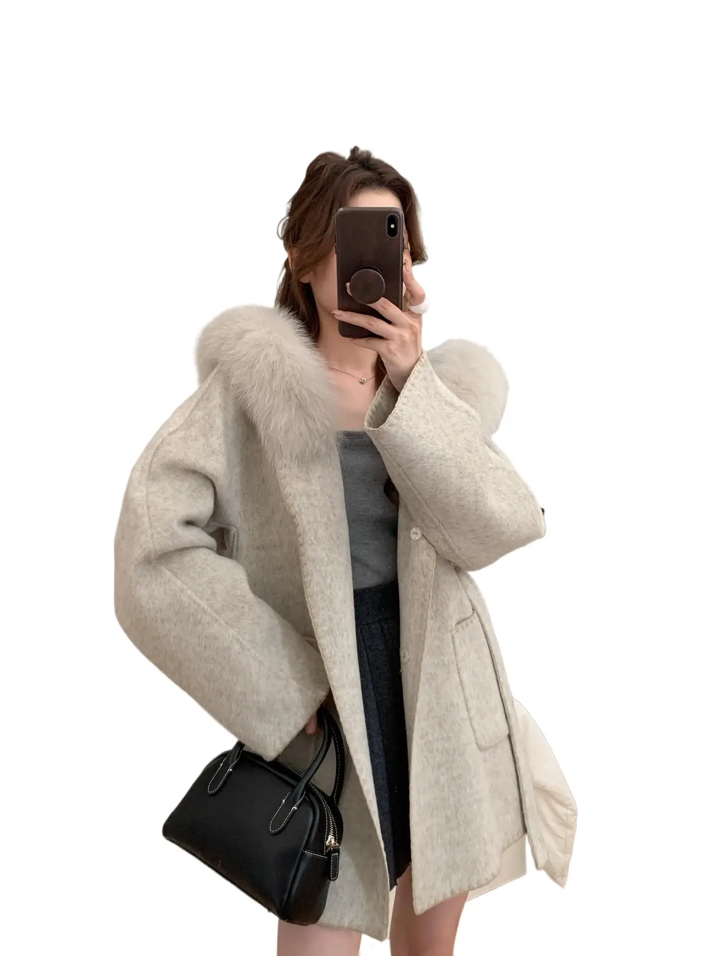 Shell embroidery 2025 Autumn/Winter New Style Gentle hooded fox fur collar belt double-sided cashmere coat, woolen jacket for