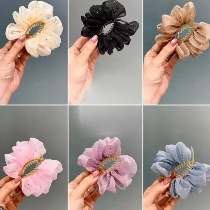 Fashion Elegant Flower Clip Resin Bow Mesh Vertical Clip Korean Style Women Ponytail Holder For Gifts Solid Color Hair Accessory