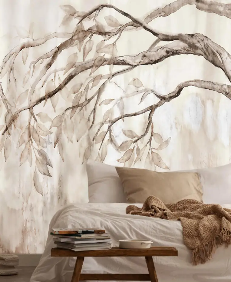 Customized Nordic style wallpaper living room background mural light beige tree branches and big trees scenery 3d wallpaper
