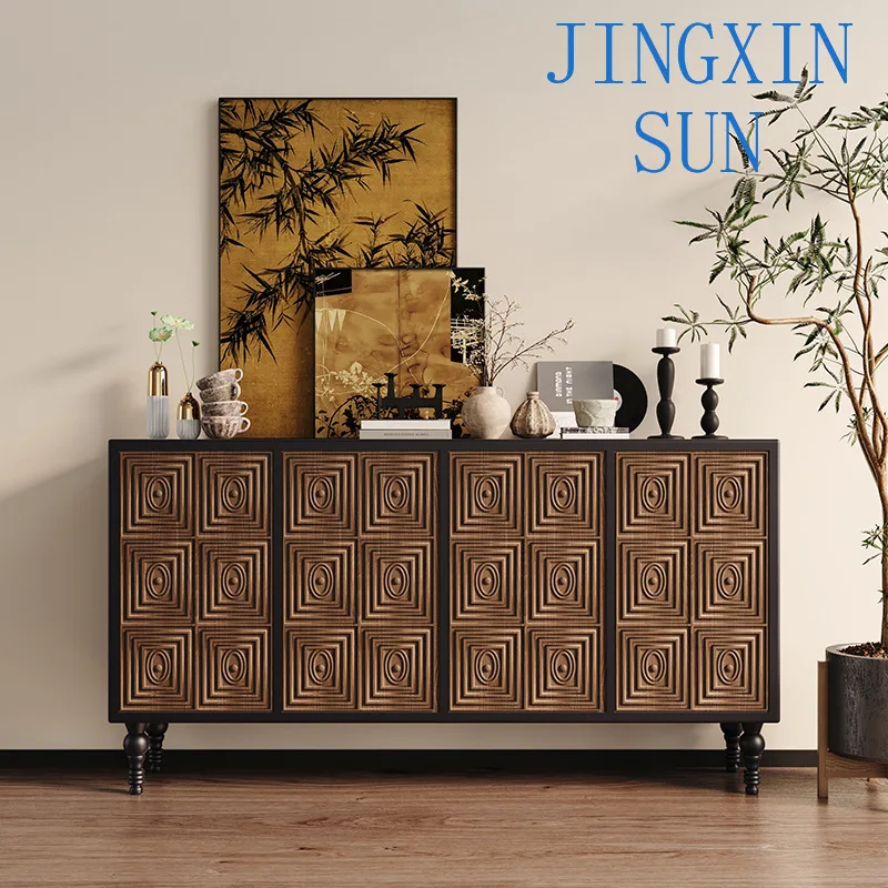 Medieval retro dining side cabinet, living room solid wood door cabinet, French light luxury high-end large-capacity