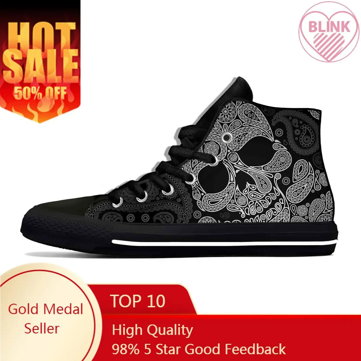 Sugar Skull Paisley Skeleton Goth Gothic Horror Casual Cloth Shoes High Top Comfortable Breathable 3D Print Men Women Sneakers