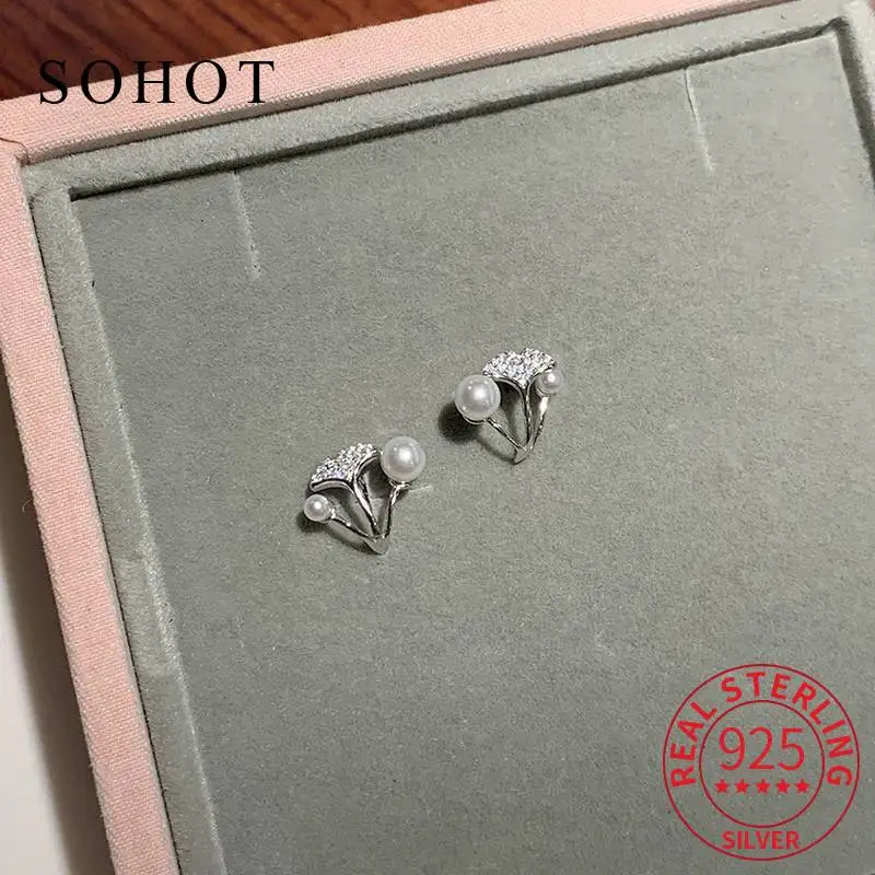 

Real 925 Sterling Silver Leaves Zircon Mini Pearl Stud Earrings For Charm Women Trendy Fine Jewelry Exquisite Plant Accessories