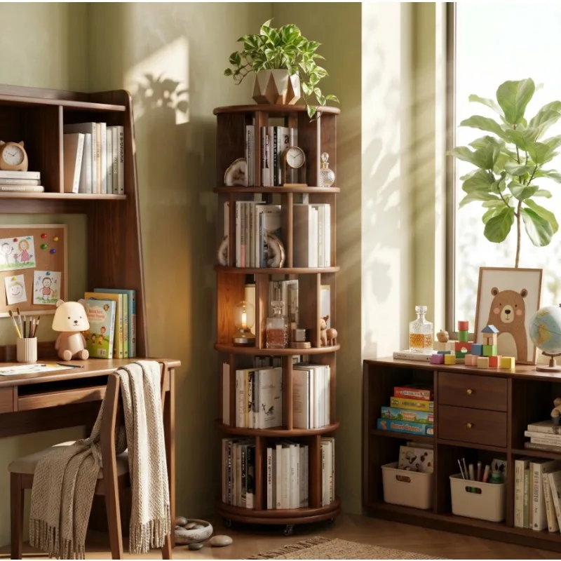 Rotating 360 Degree Corner Bookcase Floor Standing Narrow Cabinet Kids Picture Books Bookshelves Book Shelf Bookshelf