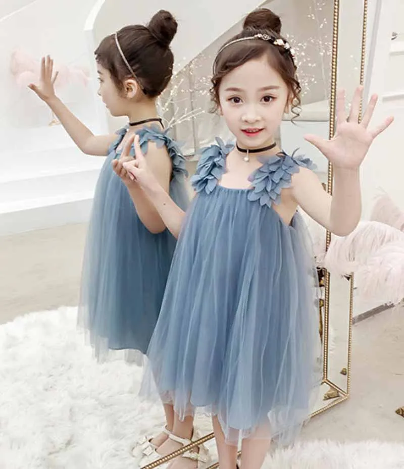 Kids Sleeveless Dresses Children Fashion Mesh Tank Feathers Elegant Party Vestidos Girls Breathable Tulle Skirt 4-12 Years Old