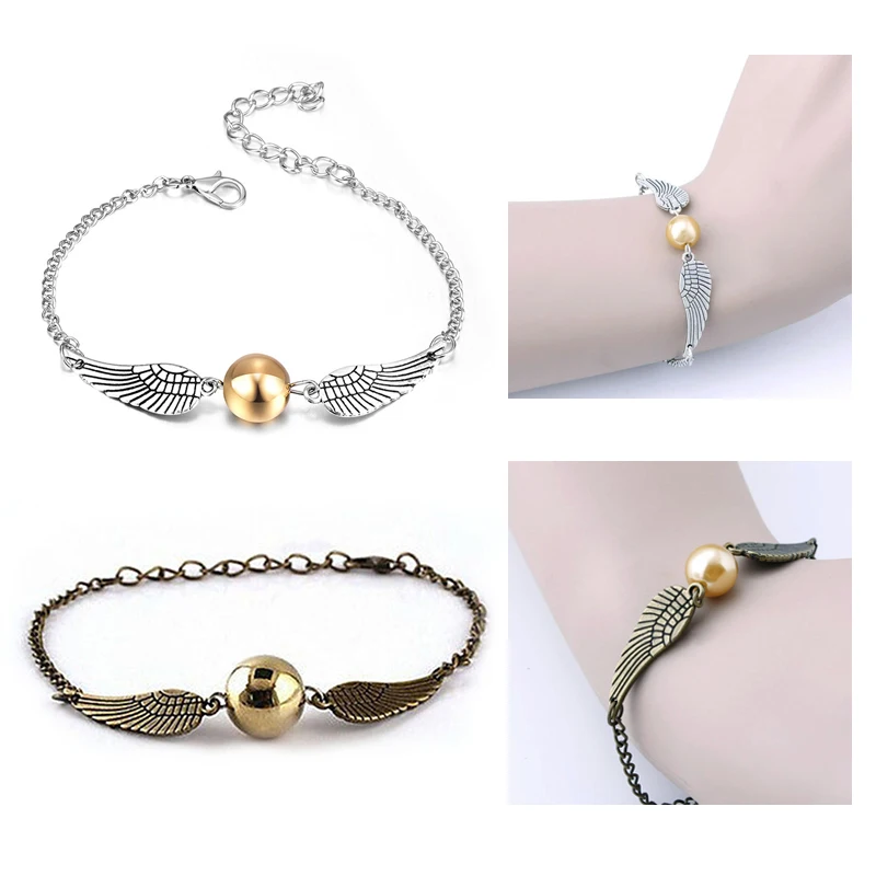 Golden Snitch Bracelet Antique Angel Wing Charm Jewelry Imitation Pearl Bracelet Gifts for Fans Accessories