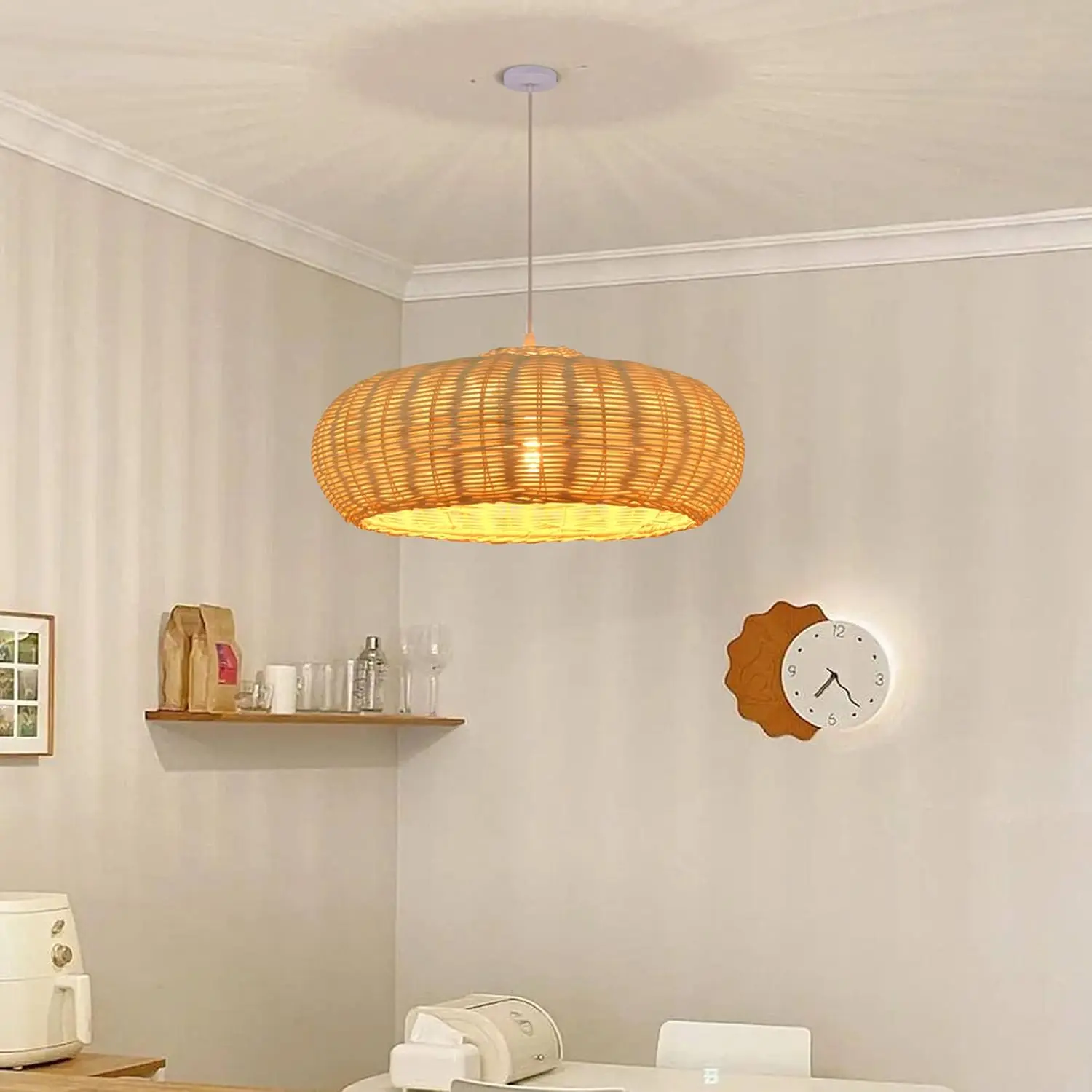 1 Light Boho E27 Chandeliers Rustic Woven Large Kitchen Pendant Lights Handmade Wicker Rattan Ceiling Fixture Beige Lampshade