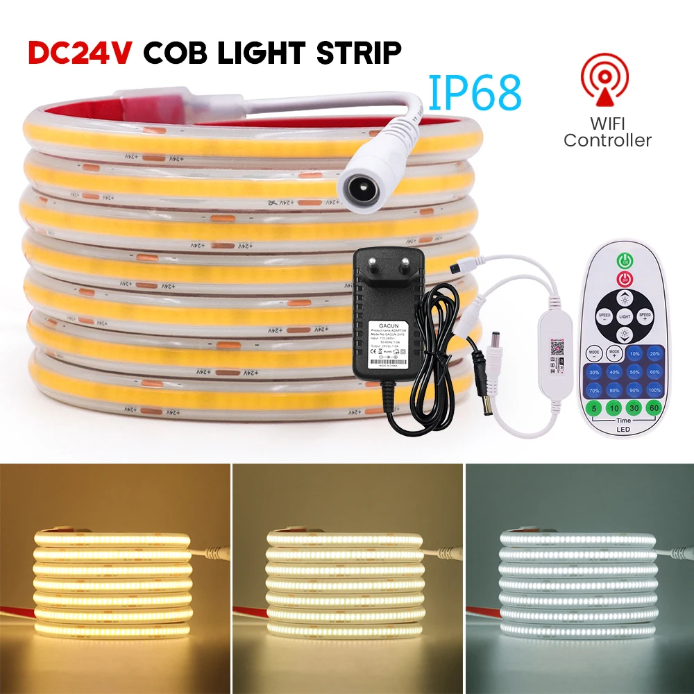 IP68 COB LED Strip DC24V 320Leds/m Linear Flexible Lamp Tape 3000K 4000K 6000K with WiFi Dimmer for Outdoor Decoration Lighting