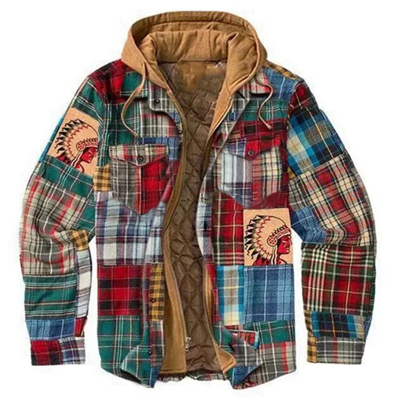 Men's Flannel Shirt Jacket With Hood Plaid Quilted Lined Winter Coats Thick Hoodie Outwear Man Fleece Thicken Warm Padded Shirts