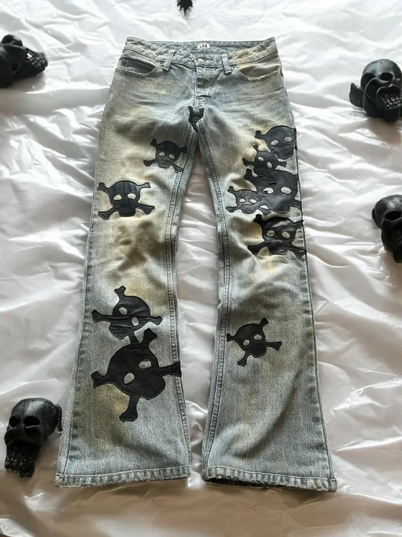 

High street fashion skull pattern design men jeans Y2K hip-hop high street loose wide-leg pants Harajuku retro trend pants