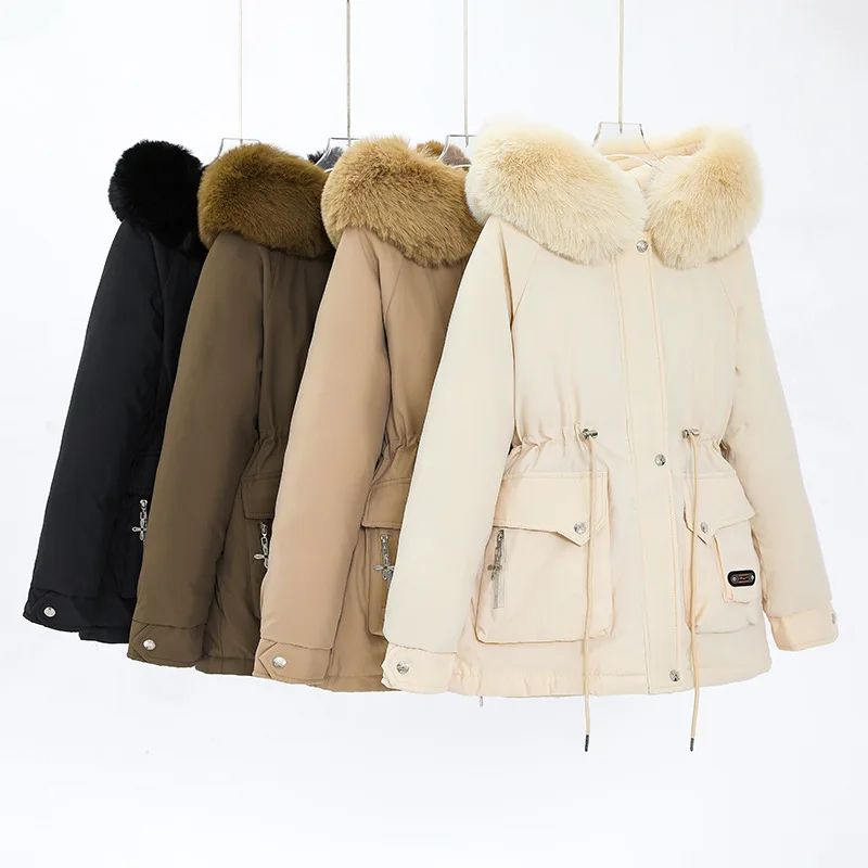 

Women's Fashion Warm Cotton Jacket Fall Winter Loose Large Fur Collar Thick Hooded Coat Waist Drawstring Slim Fit Pockets Parkas