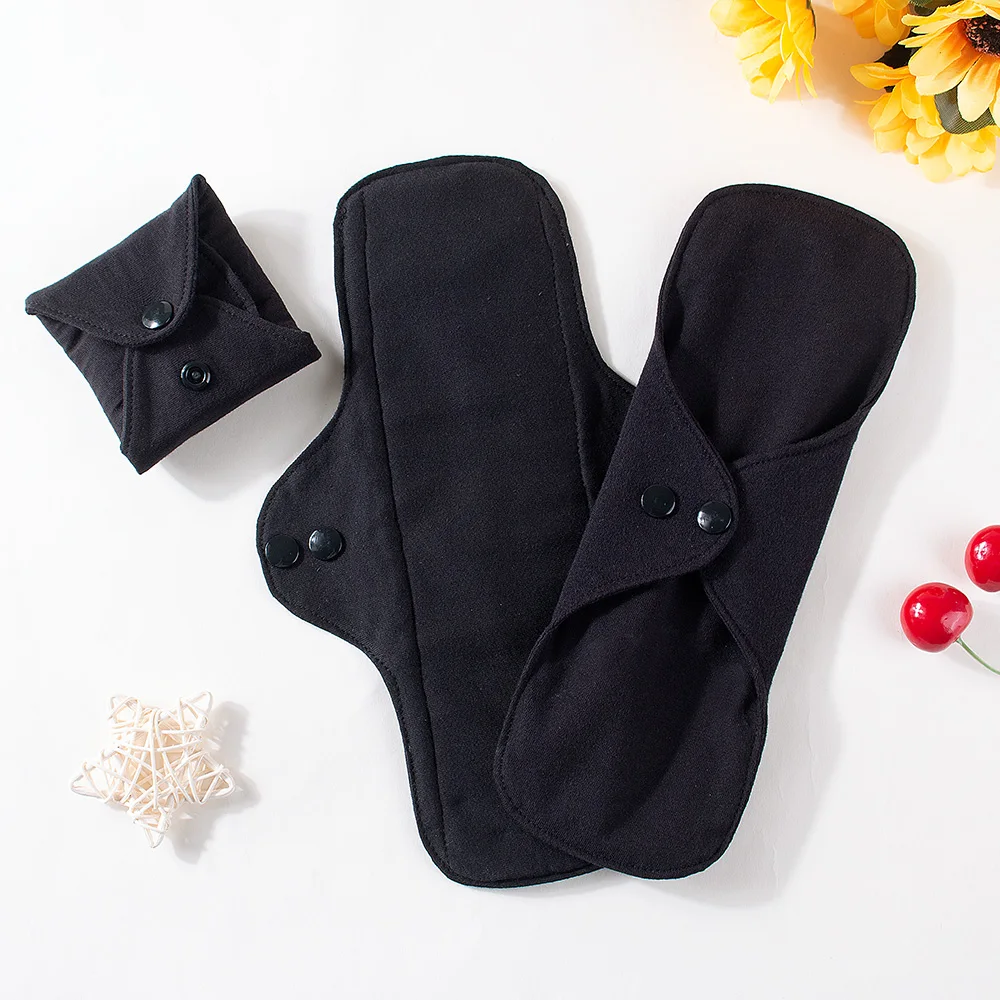 5PCS Balck Pure Cotton Sanitary Pad Ladies Reusable Cloth Menstruation Washable Menstrual Pads with Button Breathable Care Pads