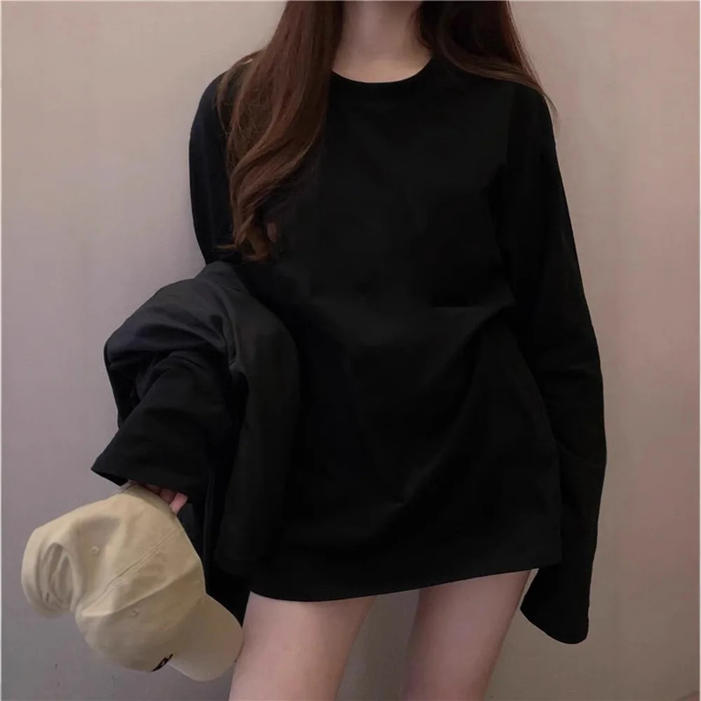 White Easy Wear Long Sleeve Women's T-Shirt Spring Autumn Loose plus Size Midi Inner Wear Base Shirt Lazy Butt Covering Top