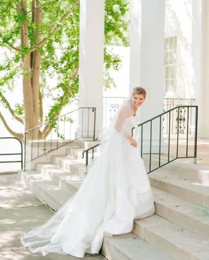 Customized Strapless A Line Wedding Dress with Bow Tie Detail Bridal Gown Satin Puffy Skirt Courtyard Wedding Party Dresses
