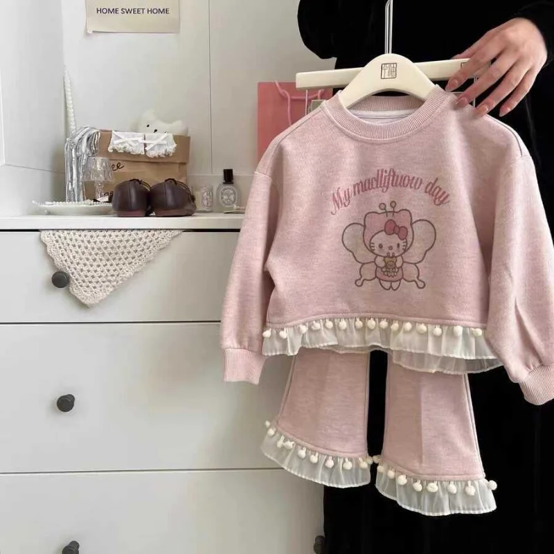 Sanrio Hello Kitty autumn new girls' suit autumn clothing cartoon cute foreign style pink crew neck top lace trousers