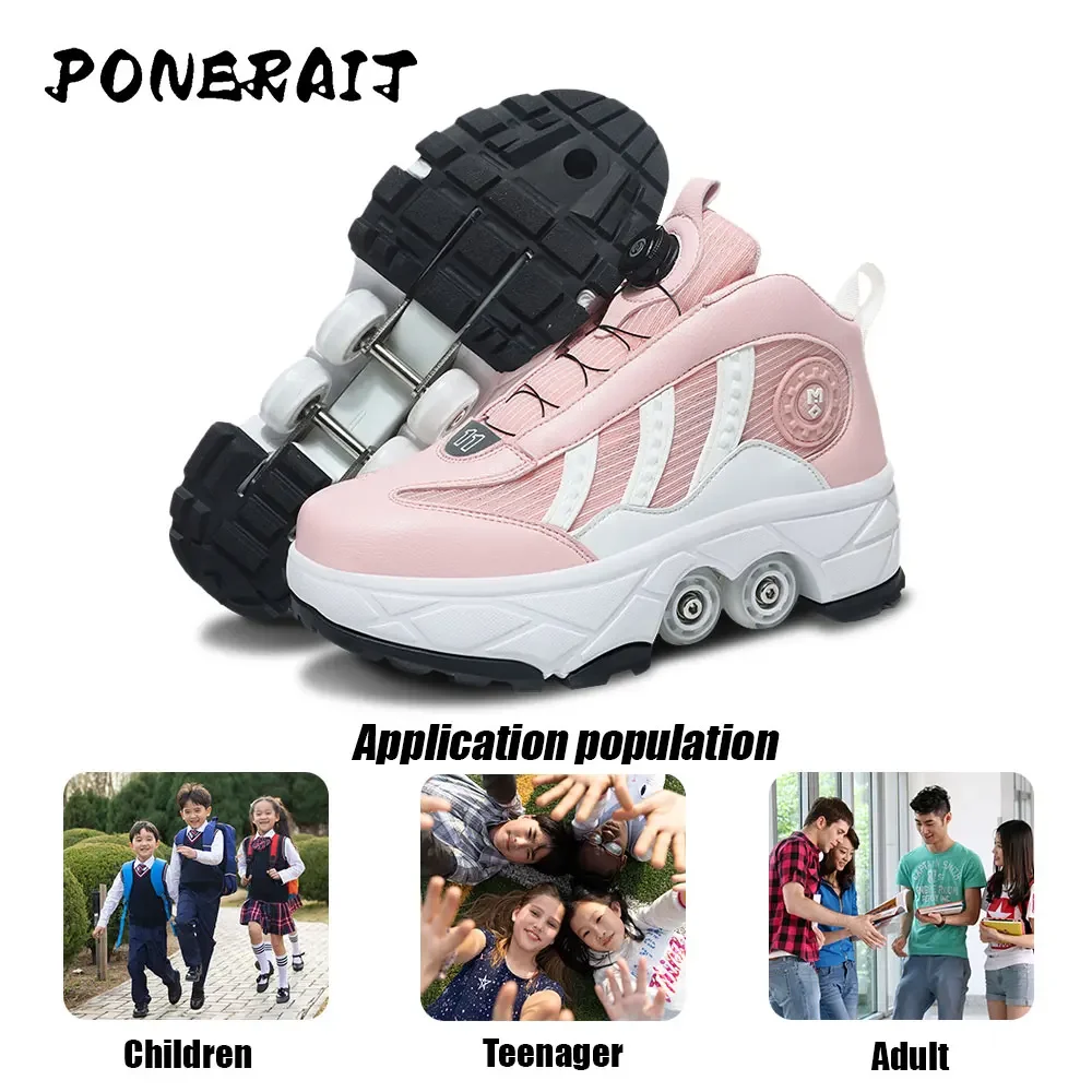 Girls Outdoor Kids Automatic Scaling Skates 4-Wheel Adjustable Roller Skates Boys Girls Casual Wheeled Sneakers