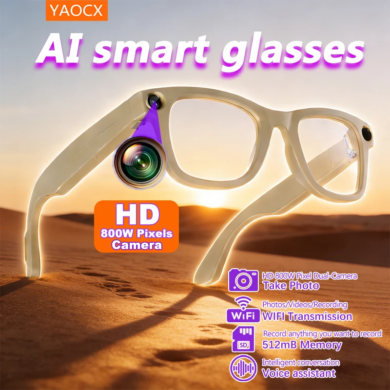 

2026 Al Smart Glasses 4K HD Video 800MP Camera WiFi Transfer Chat GPT VoiceAssistant BT Call with Charging Case