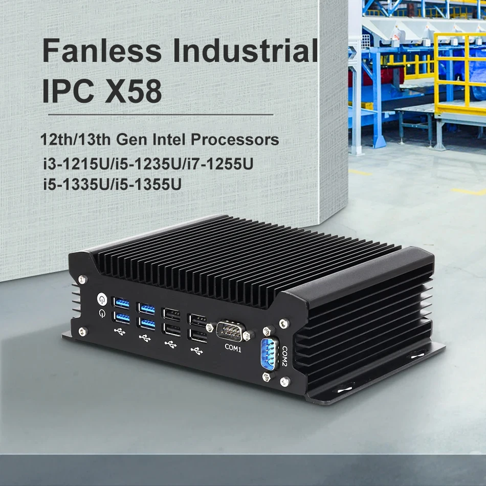 Bezwentylatorowy przemysłowy mini PC z procesorem Intel Core i5 1335U 13. generacji, DDR5, dyskiem SSD M.2, 2x COM RS232, 2x LAN, 8x USB, WiFi, SIM 4G LTE, Windows, Linux