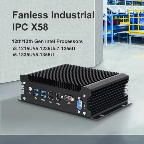 Fanless Industrial Mini PC 13th Intel Core i5 1335U DDR5 M.2 SSD 2x COM RS232 2x LAN 8x USB WiFi SIM 4G LTE Windows Linux