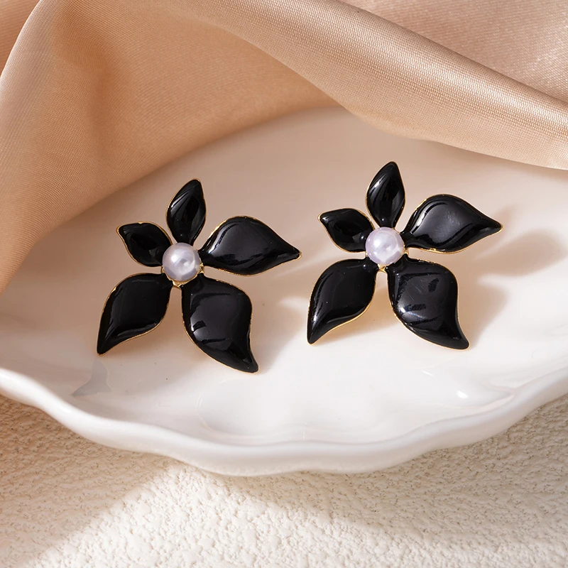 ANENJERY 316L Stainless Steel Drop Oil Flower Inlaid Pearl Earrings For Women Lady Elegant Oil Painting Style Jewelry Gifts