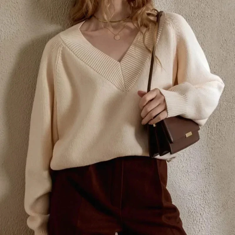 

Women's Casual Loose V-neck Sweater Long Sleeve Vintage Pullover Crochet Top Fashion Autumn Winter New Style