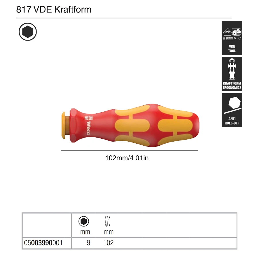 WERA  817 VDE Kraftform Insulated Screwdriver Handle 9 x 102 mm 1000V 05003990001