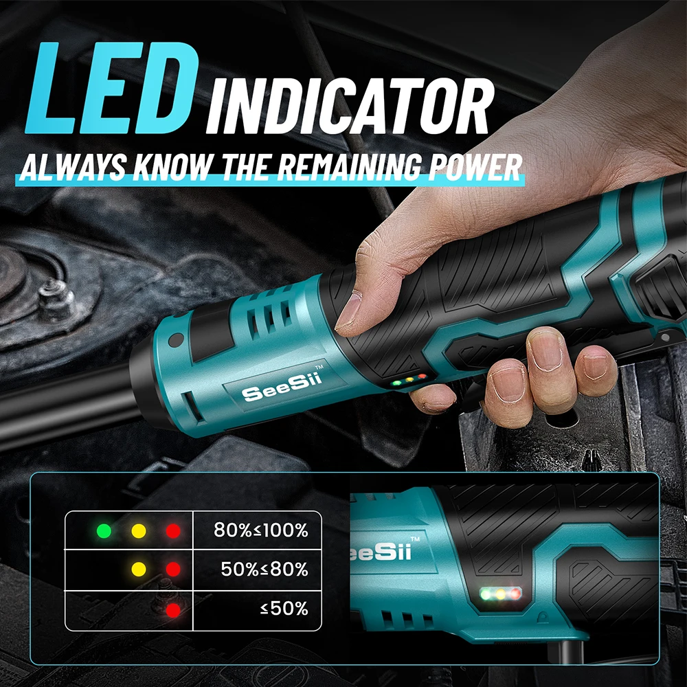 SEESII-Ensemble d'outils de réparation de voiture rechargeables, cliquet arc-en-ciel, sans fil, électrique, angle, 12V, 3/8 ", 55Nm, 6"