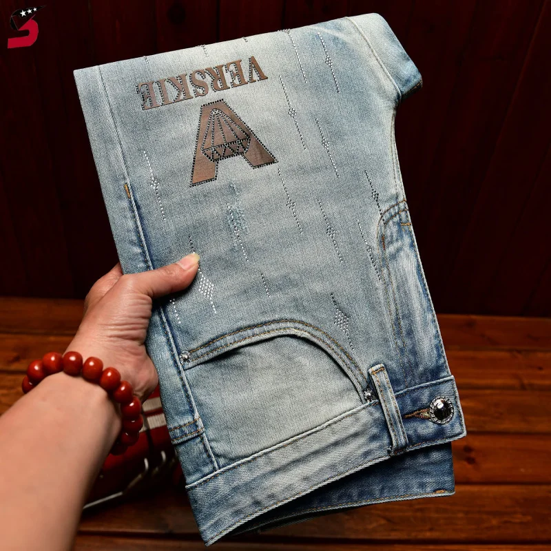 Men's Trendy Printed Jeans with Rhinestone Decor, Slim Straight Korean Style Denim Long Pants for Spring Summer