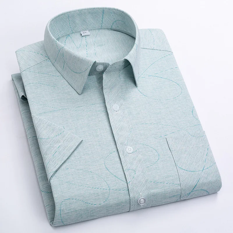 Summer Men Shirt Short Sleeves with Pockets Easy-care Geometric Printing Short Sleeve Shirts for Men Cotton 50% + 50% Polyester