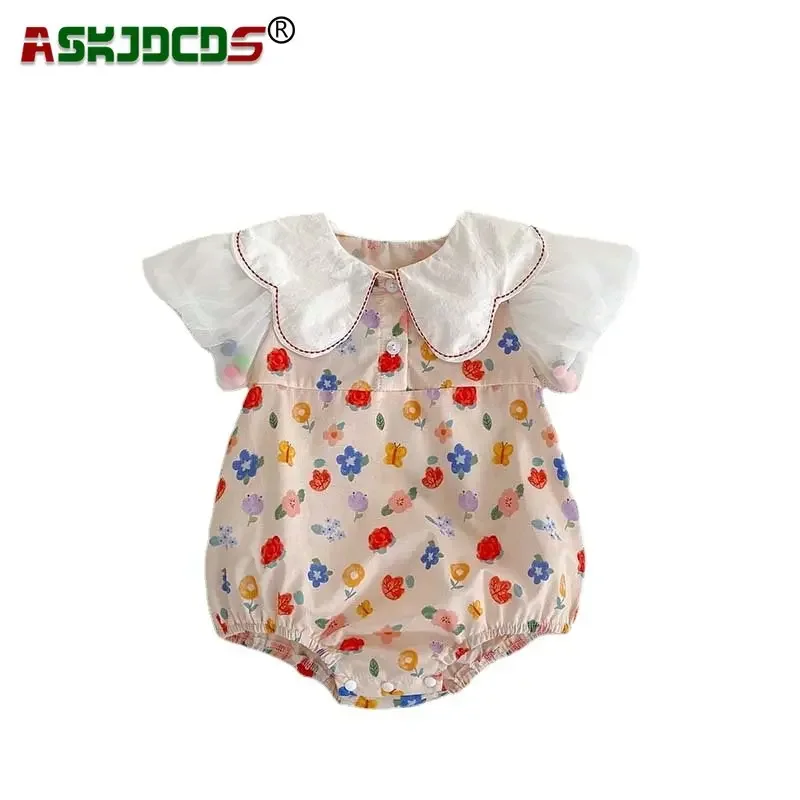 

2024 New In Summer Girls Bodysuit Princess Puff Sleeve Mesh Print Flower Bow Collar Outdoor Clothing Infant Newborn Kid Baby