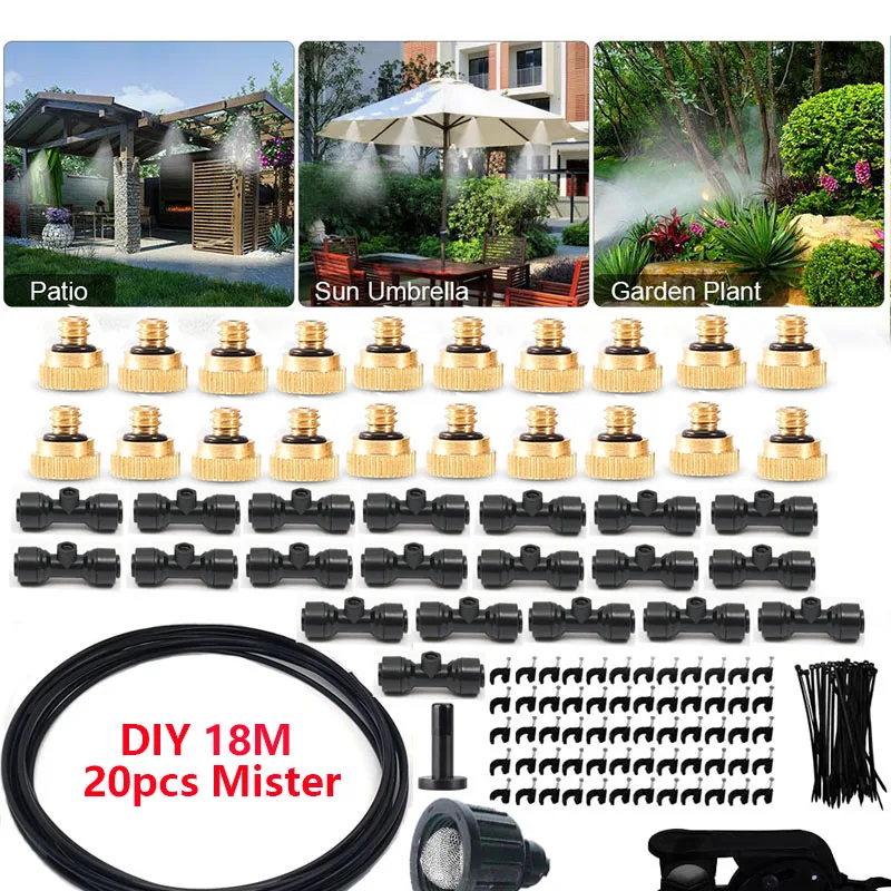 Free Shipping DIY 59FT (18M) Misting Tube  +20 Brass Mist Nozzles + (3/4”) Adapter for Outdoor Patio Misting Cooling System