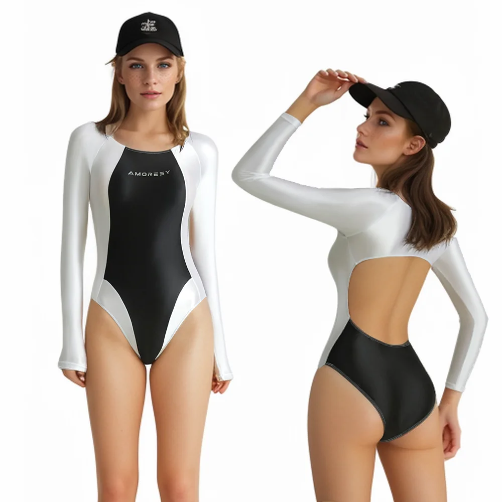 

AMORESY Women's Long Sleeve One Piece Swimsuit Glossy Shiny Backless Patchwork Bodysuit Sporty Surfing Swimwear