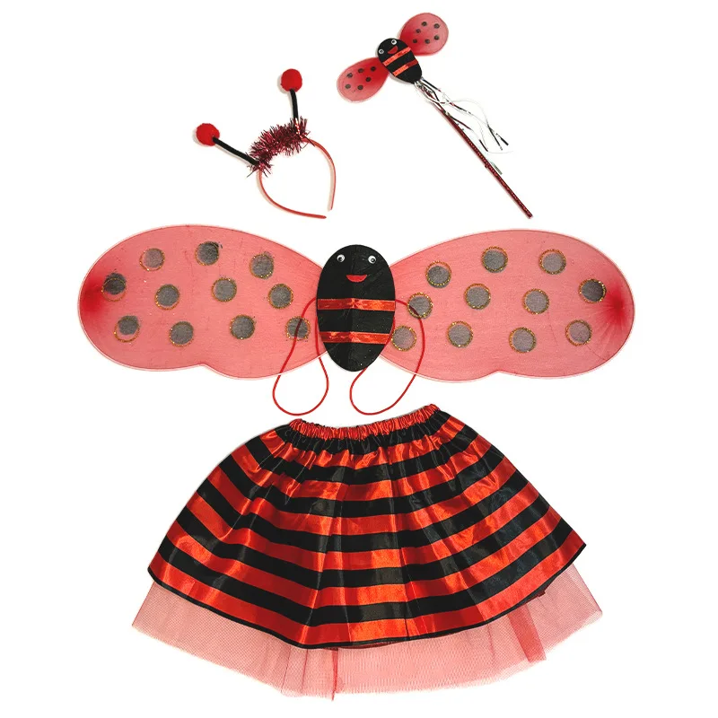 3/4Pcs Little Bee Children Performance Costume Yellow Red Dance Skirt Set Birthday Party Bee Elf Headwear Wings Wand Outfit