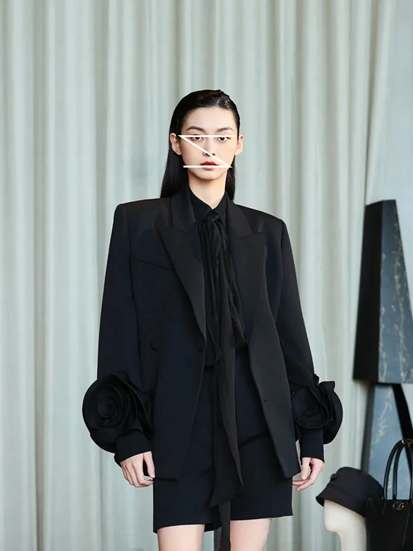 

Элегантный женский пиджак с длинными рукавами-фонариками, цветочным узором, свободного кроя, с отложным воротником, 3D-вышивкой цветов, класса люкс