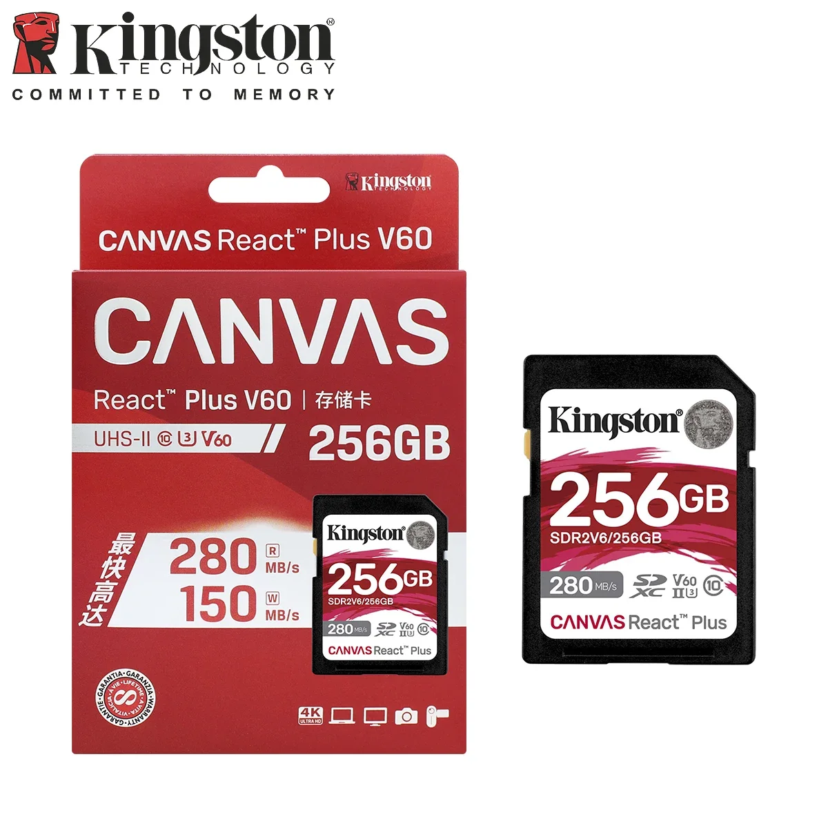 Tarjeta de Memoria SD Kingston Canvas React Plus V60 para Cámaras Profesionales 4K UHS-II, 128GB 256GB 512GB, Velocidad Máxima de 280Mb/s