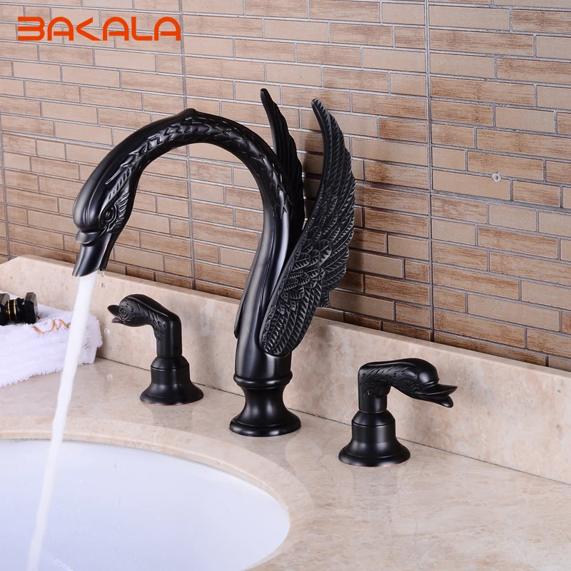 

BAKALA Bath Shower Black/Golden/ Swan Faucet 3pcs Bathroom Torneira Taps Dual handle Basin Sink Rotatable Mixer