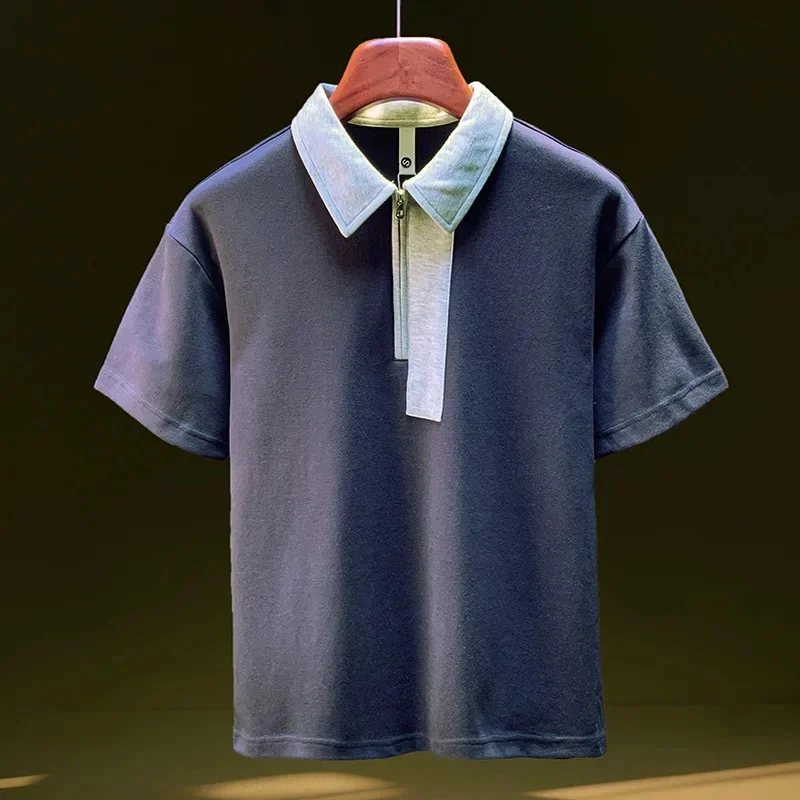 

Color blocked lapel short sleeved polo shirt for men, loose and trendy 2026 summer new style shirt, half zip T-shirt