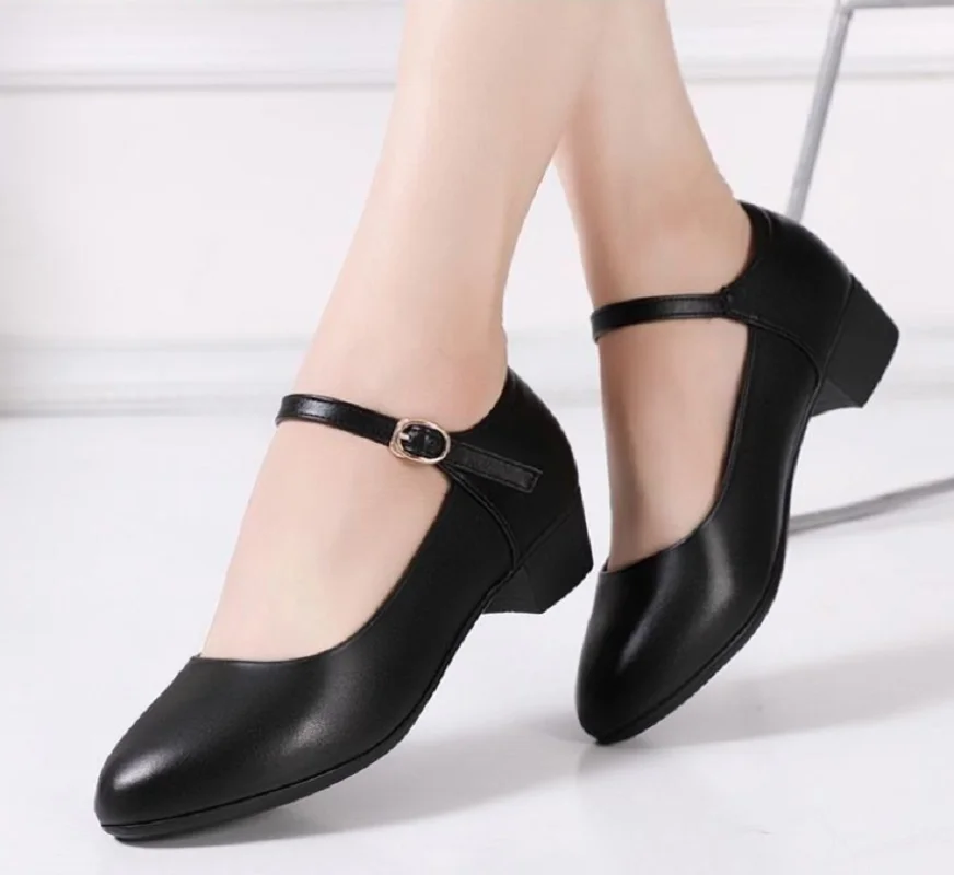Women Cute Round Toe High Quality Black Buckle Strap Spring & Summer Square Heel Shoes Lady Classic Comfort Office Shoes B143