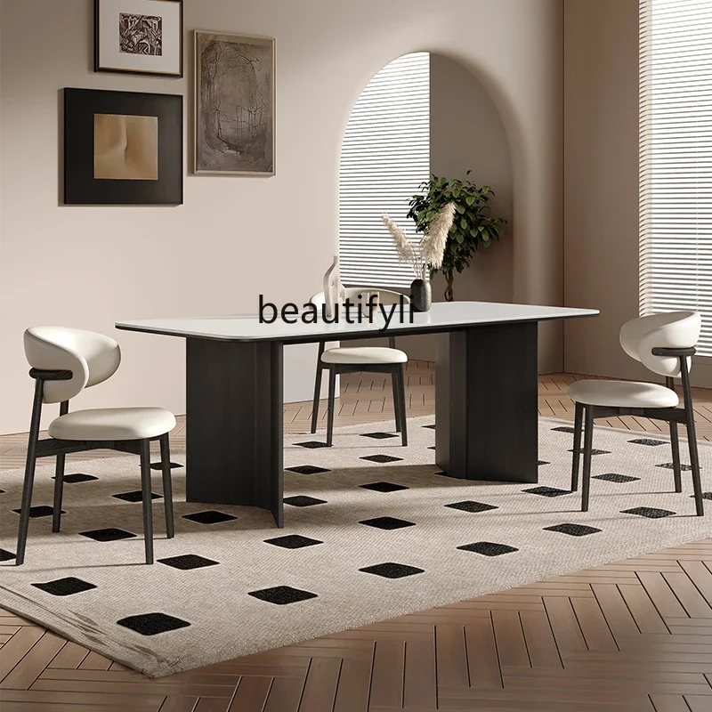 

French Retro Rock Slab Dining Table, Small Household, Light Luxury Wabi-sabi Cream Style Rectangular Dining Table