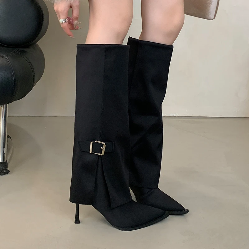 

Autumn Winter Cosy Pointed Toe Woman Knee-High Boots Slip-On Mid Heels Cowboy Ladies Shoes Botas De Mujer Genuine Leather Black