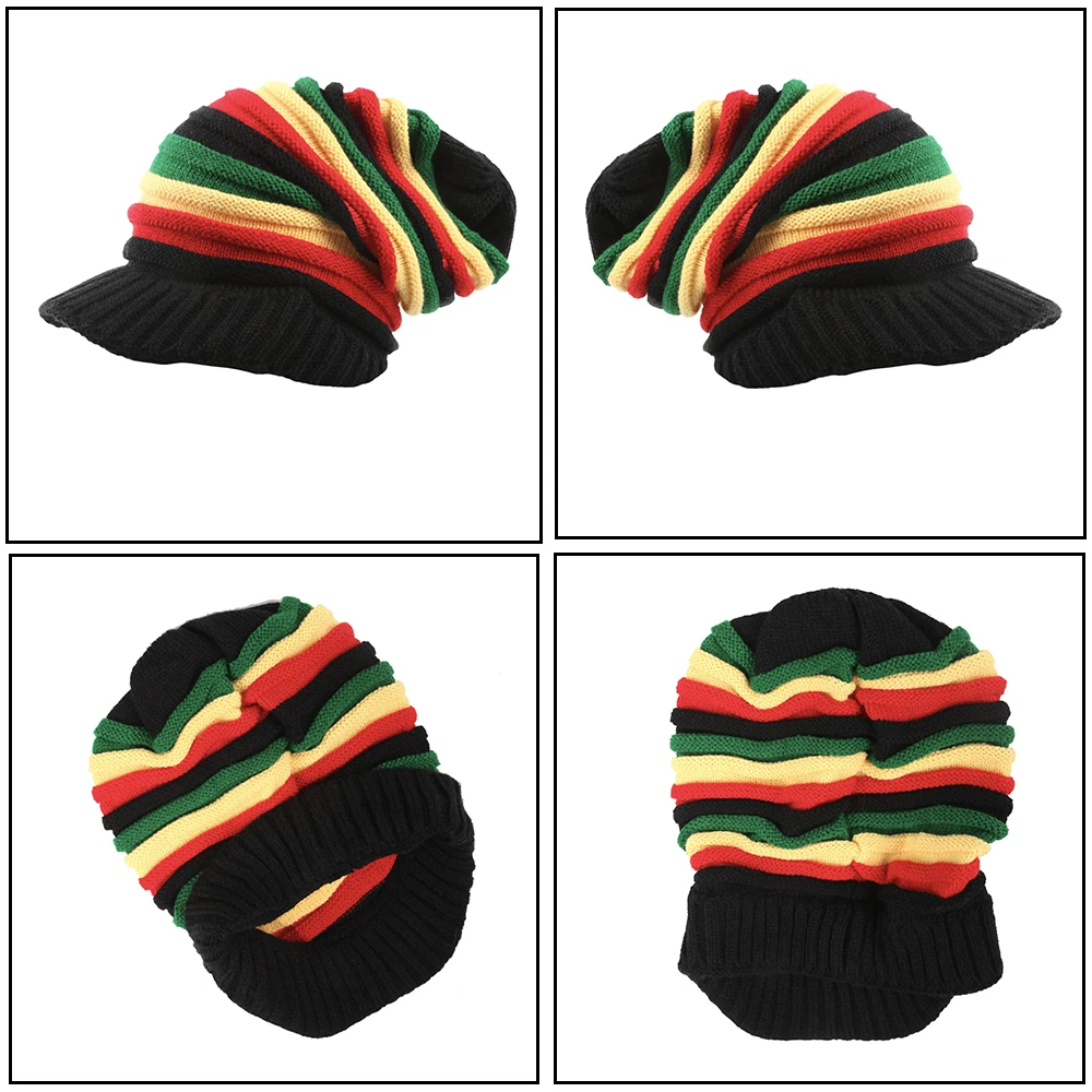 Wool Knit Rasta Hat Reggae Jamaican Cap Colorful Slinky Visor Beanie Hat Slouchy Baggy Cap