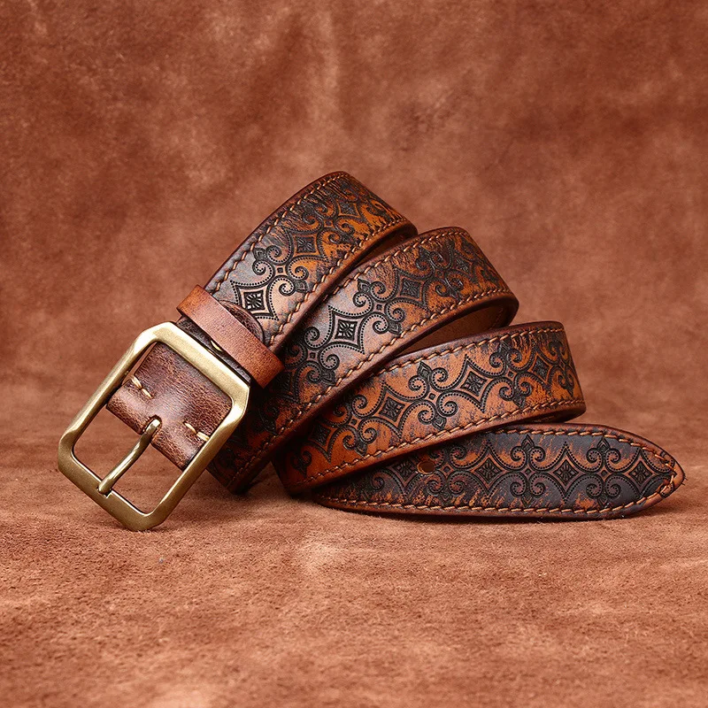 

3.8CM Thickened Italian Pure Cowhide High Quality Genuine Leather Belts for Men Carving Strap Male Brass Buckle Jeans Cowboy
