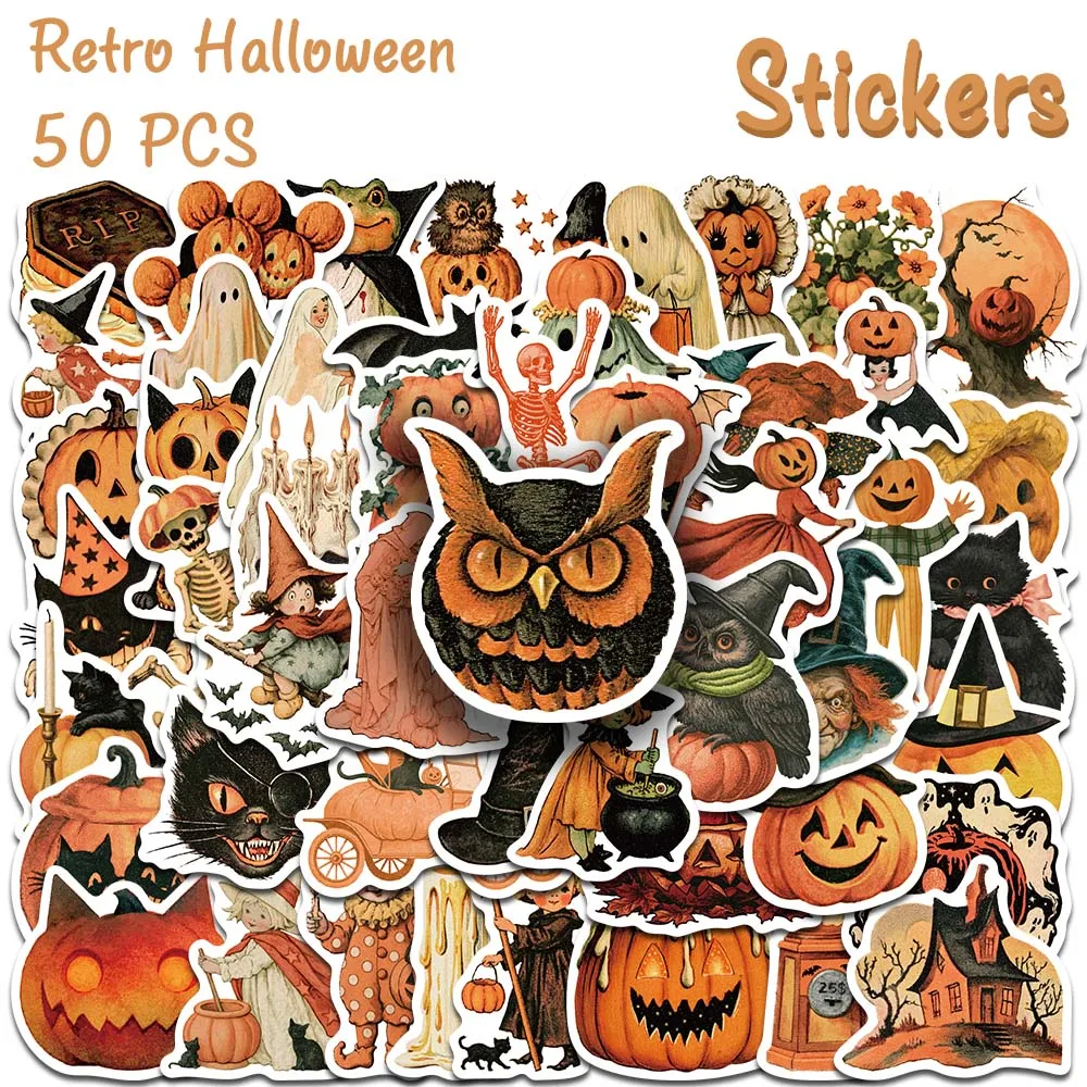 50pcs Retro Halloween Stickers Vintage Pumpkin Ghost Graffiti Decals For Laptop Phone Scrapbook Journal DIY Aesthetic Stickers