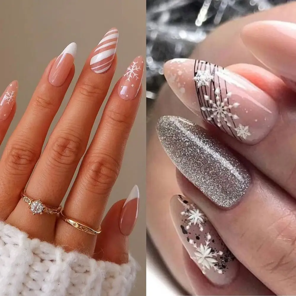 24 szt. Naklejane paznokcie pełne pokrycie płatki śniegu długie migdałowe sztuczne paznokcie świąteczne