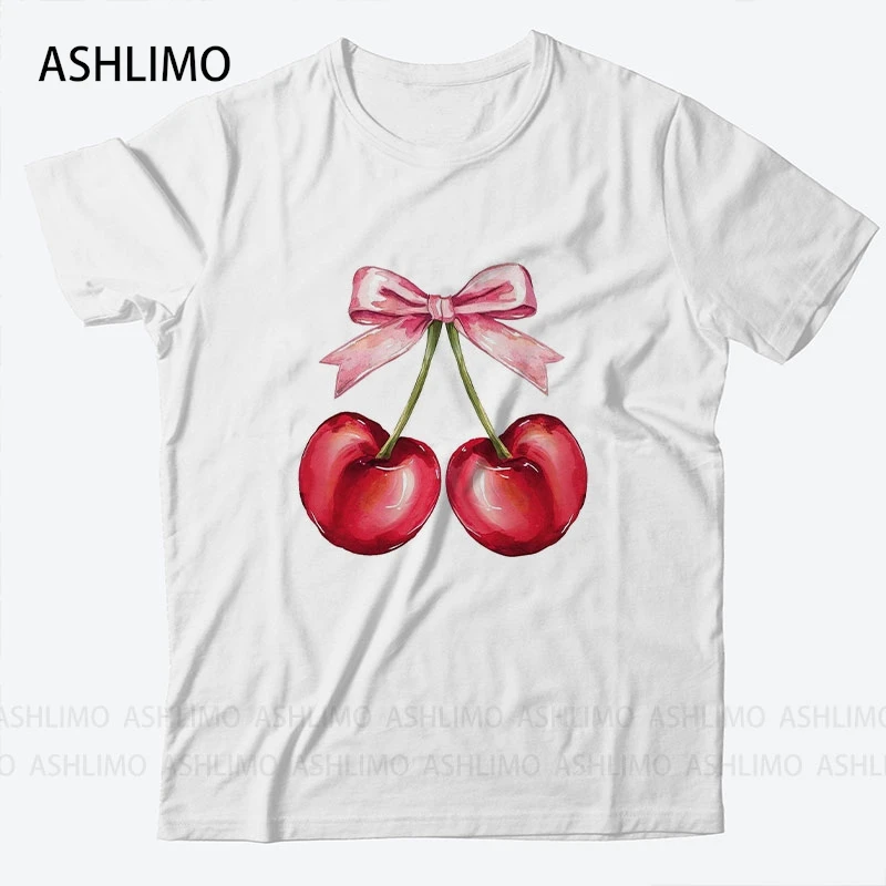 

Clothes For Women Cherry Graphic T Shirts Short Sleeves Casual Fashion Girls Plus Size White T Shirt Summer Tops Women 2024