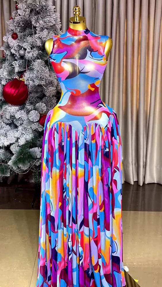 Damen 2026 Frühjahr Mode Batik-Druck Illusion Plissiertes Maxikleid Ärmellos Tailliert Elegante Partykleider – Detail 6
