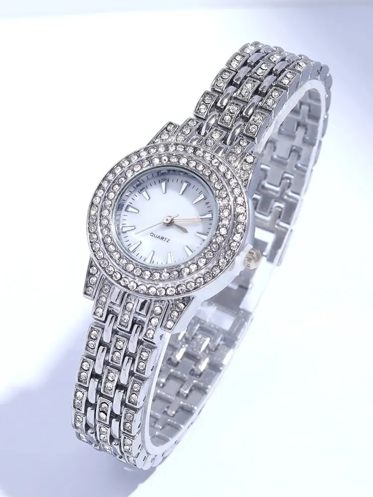 3PCs Women\'s Sparkling Round Diamond Band Quartz Watch+Bracelet Combination Set