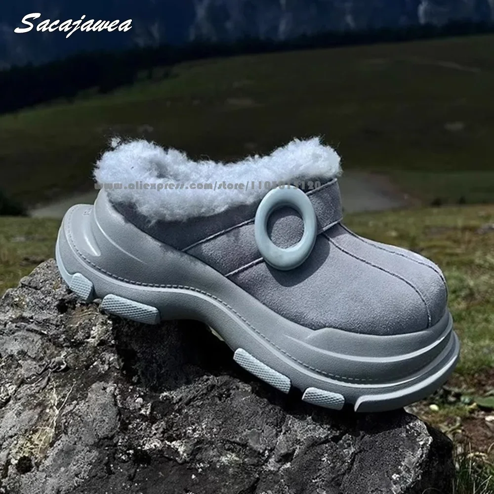 

Fur Wool Belt Buckle Strap Short Plush Snow Slippers Round Toe Platform Chunky Heel Casual Slides Size Suede Bow Knot Ankle Boot
