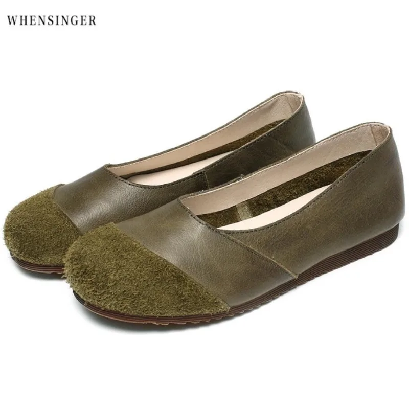 

Whensinger - Women Flat Shoes loafers Genuine Leather Casual Flats Shoe Vintage Elegant Fashion Green stitching