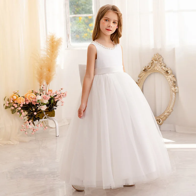 children's host evening dresses for girls party purple piano catwalk performance flower princess dress white